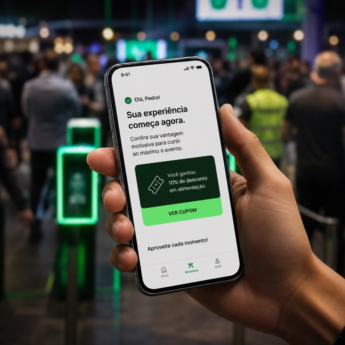 Celular exibindo ativação de marketing em ambiente de evento