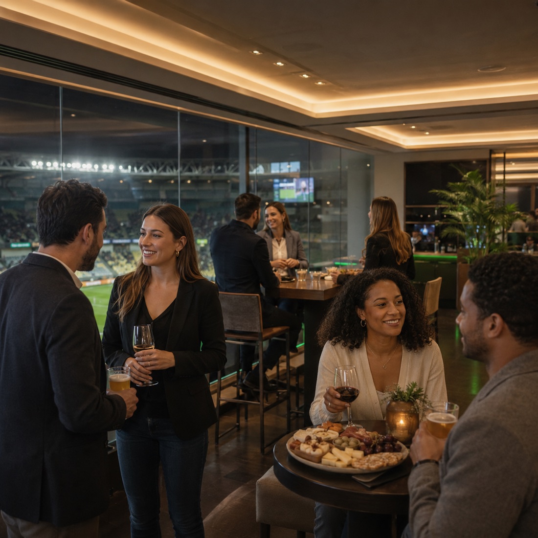 Ambiente de camarote premium em estádio com convidados