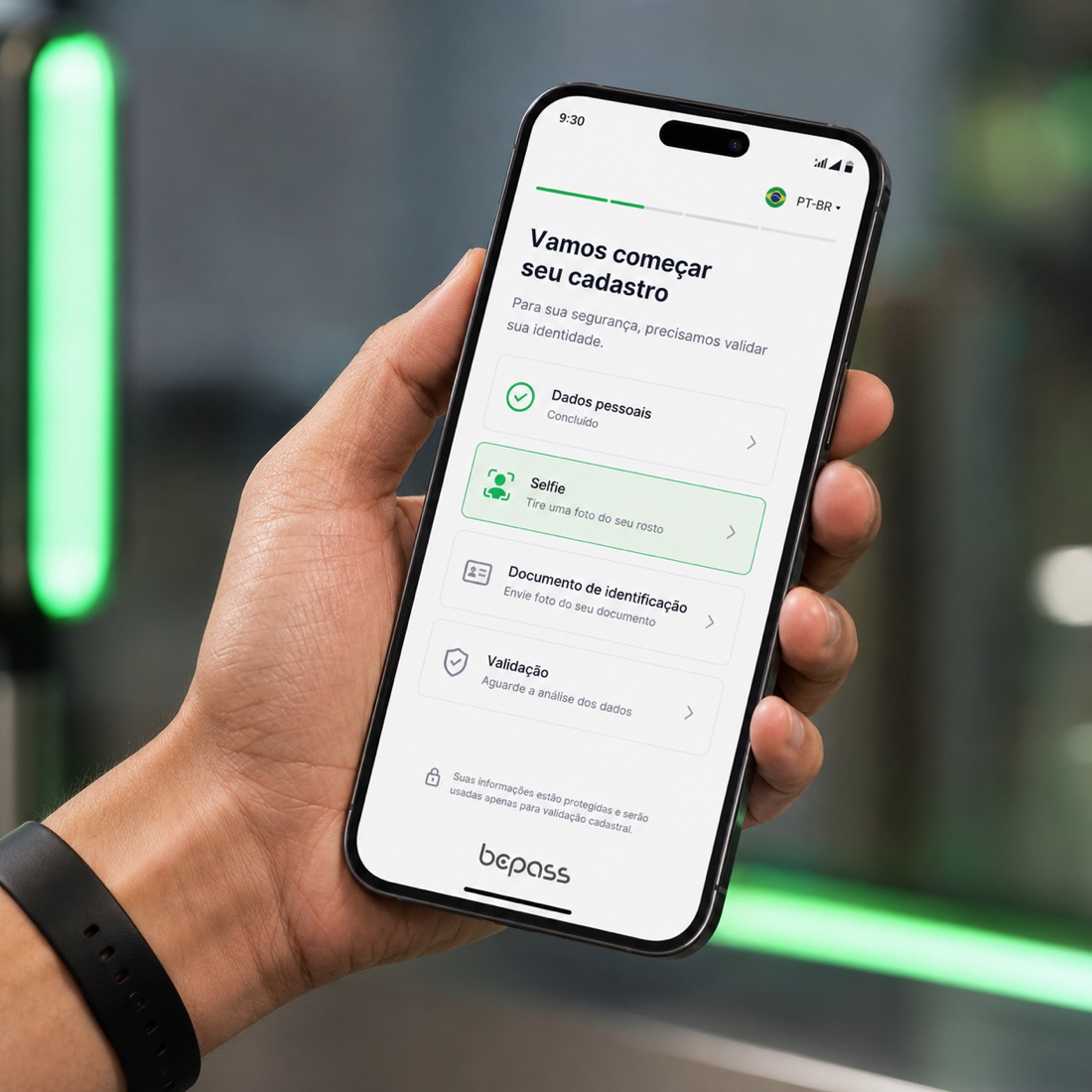 Tela de onboarding digital Bepass em celular